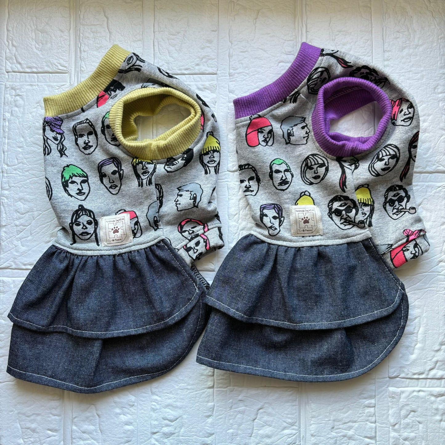 フェイスフリルスカート パープル イエローライム チェリーピンク 顔柄 デニムスカート w18